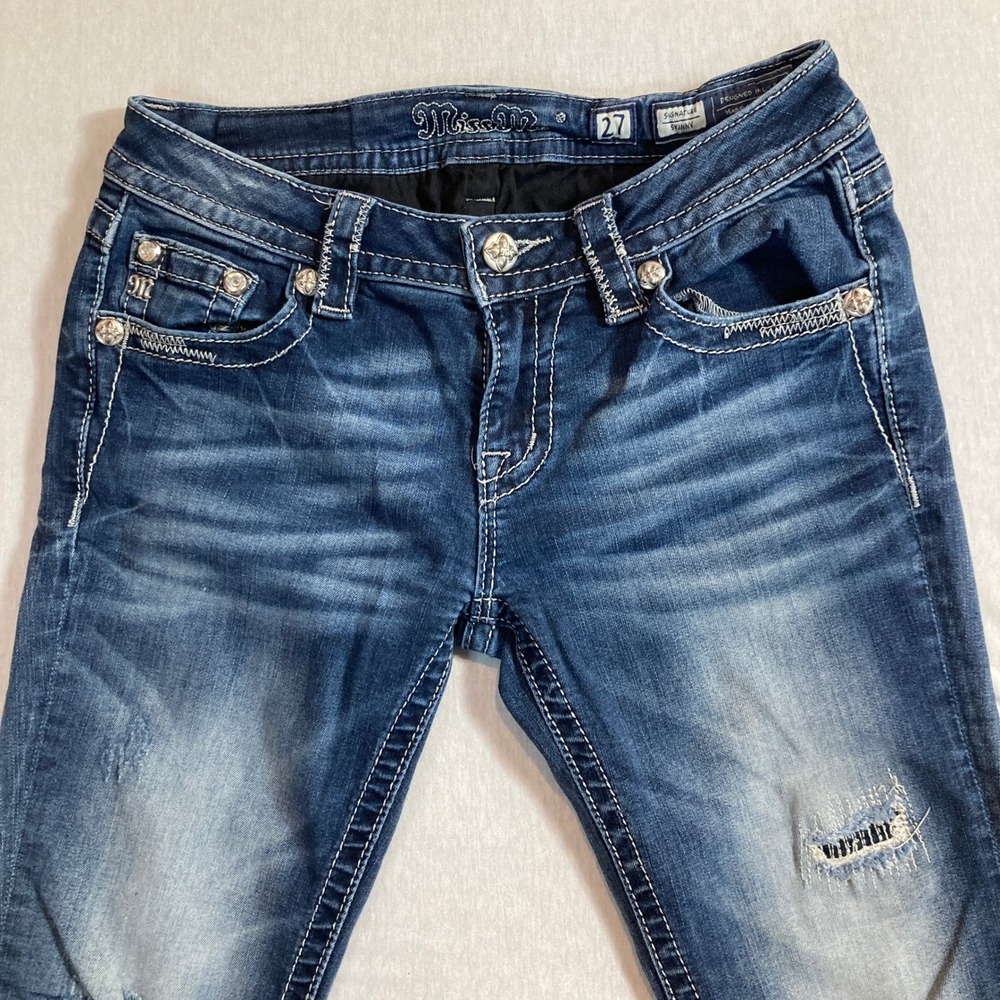 Miss Me Signature Skinny Jeans 27 Medium Wash Embellished Distressed JP7072S5 - Picture 12 of 16